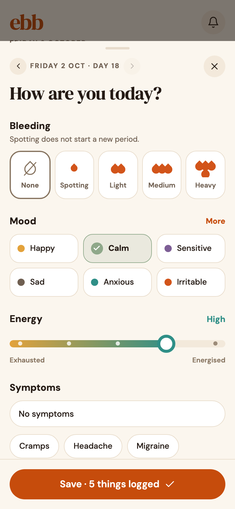 Daily log: bleeding, mood and energy